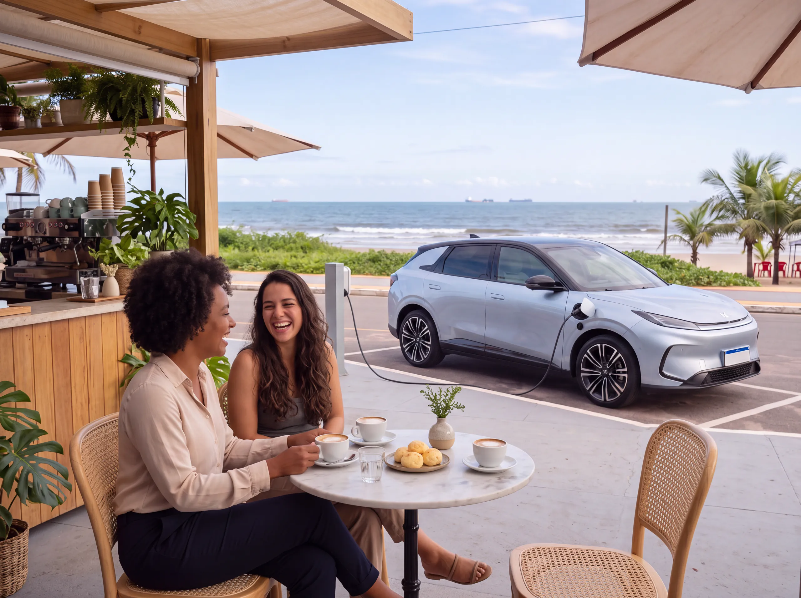 Duas amigas tomam café num quiosque de frente para o mar enquanto o Arcfox T1 carrega ao lado.