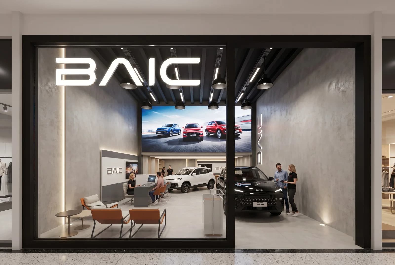 Projeto da loja BAIC Buriti no São Luís Shopping: fachada de vidro com o letreiro BAIC, vista do corredor do shopping